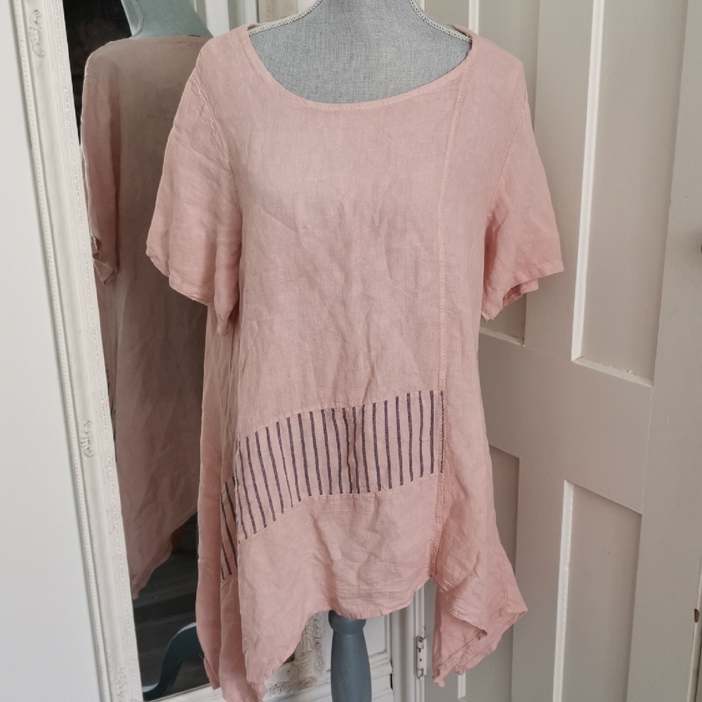 Frocella 100% linen petal pink lagenlook  short sleeve tunic dress. Size XL